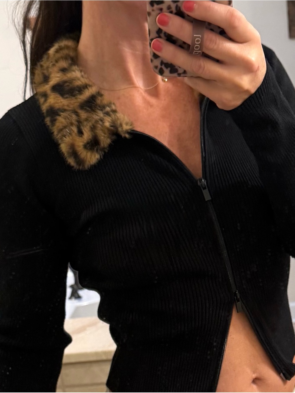 Love Tree Black Ribbed Zip-Front top with Faux Leopard Collar